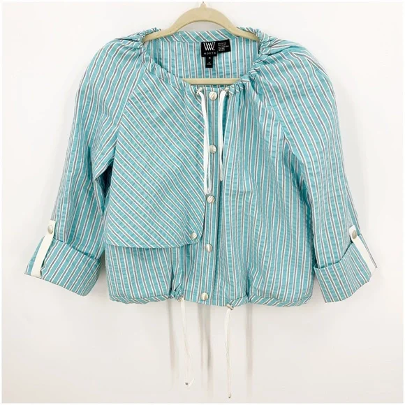 Worth Aqua Striped Seersucker Snap Front Short Jacket Sz M - Picture 4 of 13